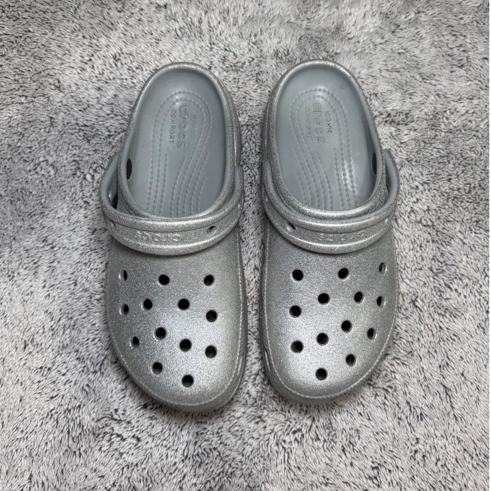 Crocs Classic Platform Clog Glitter Silver Sparkle Womens Size 7 Platform Shoes - Picture 6 of 9